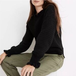 Madewell Black Wool-Bland Ruffle Pullover Sweater